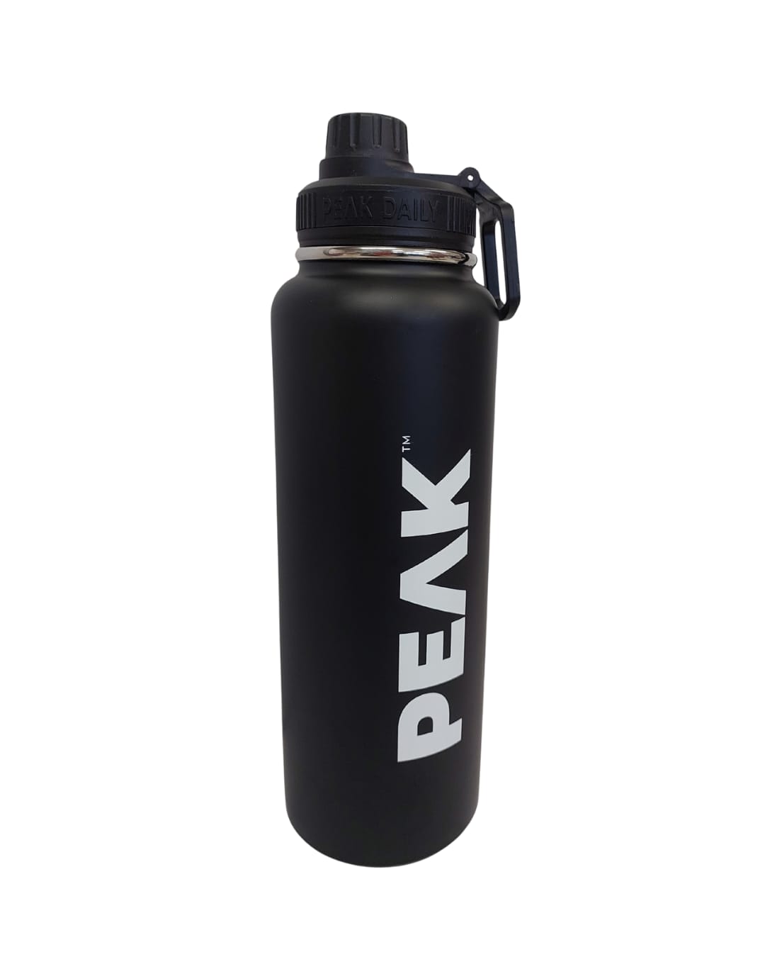Black water bottle with 'PEAK' logo on a white background