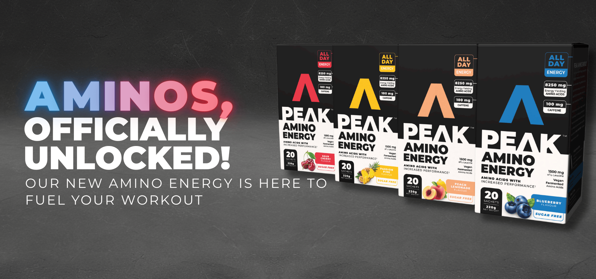 Four boxes of Peak Amino Energy on a dark background with colorful text above.slider_item_XYFWQb