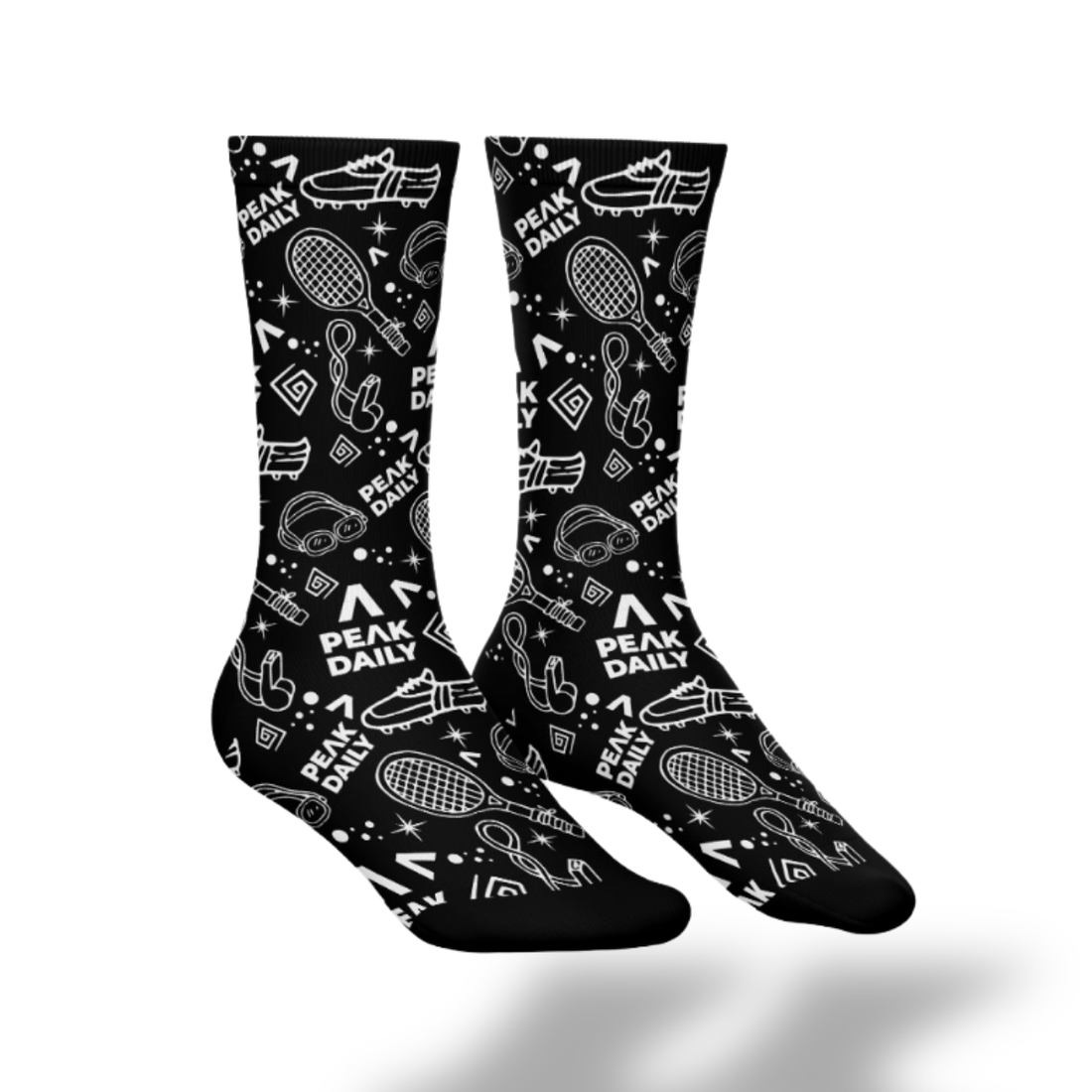Black and white socks with geometric pattern on a white background