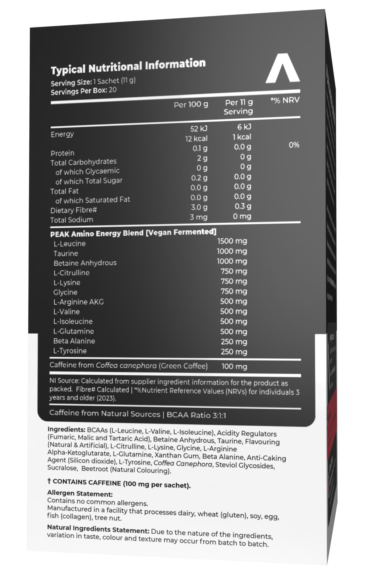 Nutritional information label on a supplement package with a black background and white text.