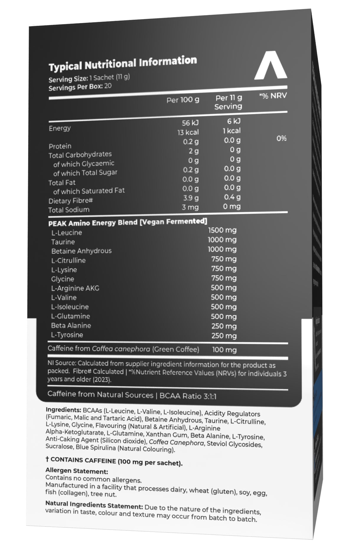 Nutritional information label on a supplement package with a black background.