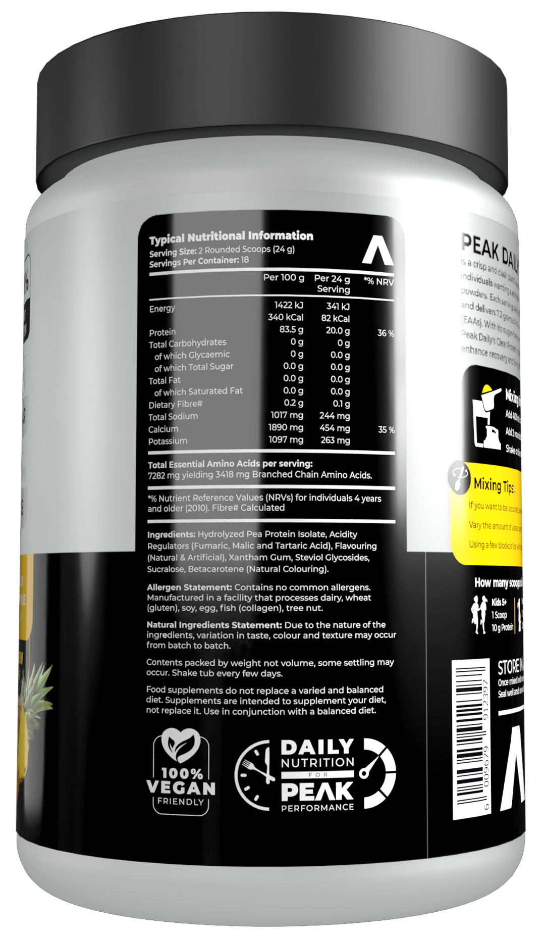 Supplement container with nutritional information label on a white background