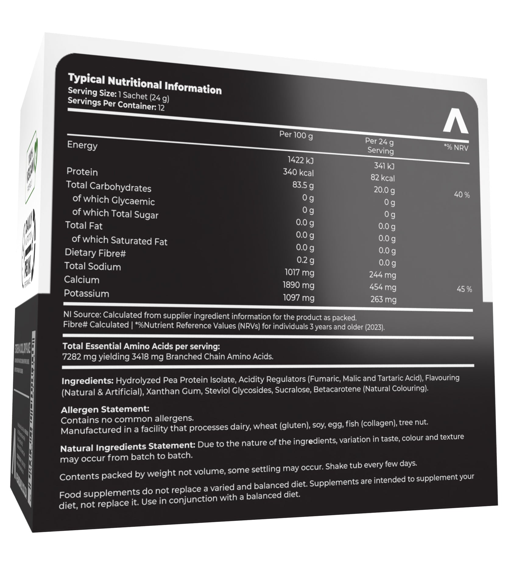 Nutritional information label on a supplement package