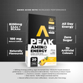 Peak Amino Energy supplement packaging with product details on a dark background