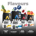 Peak Amino Energy supplement packages with fruit illustrations and flavor names below.