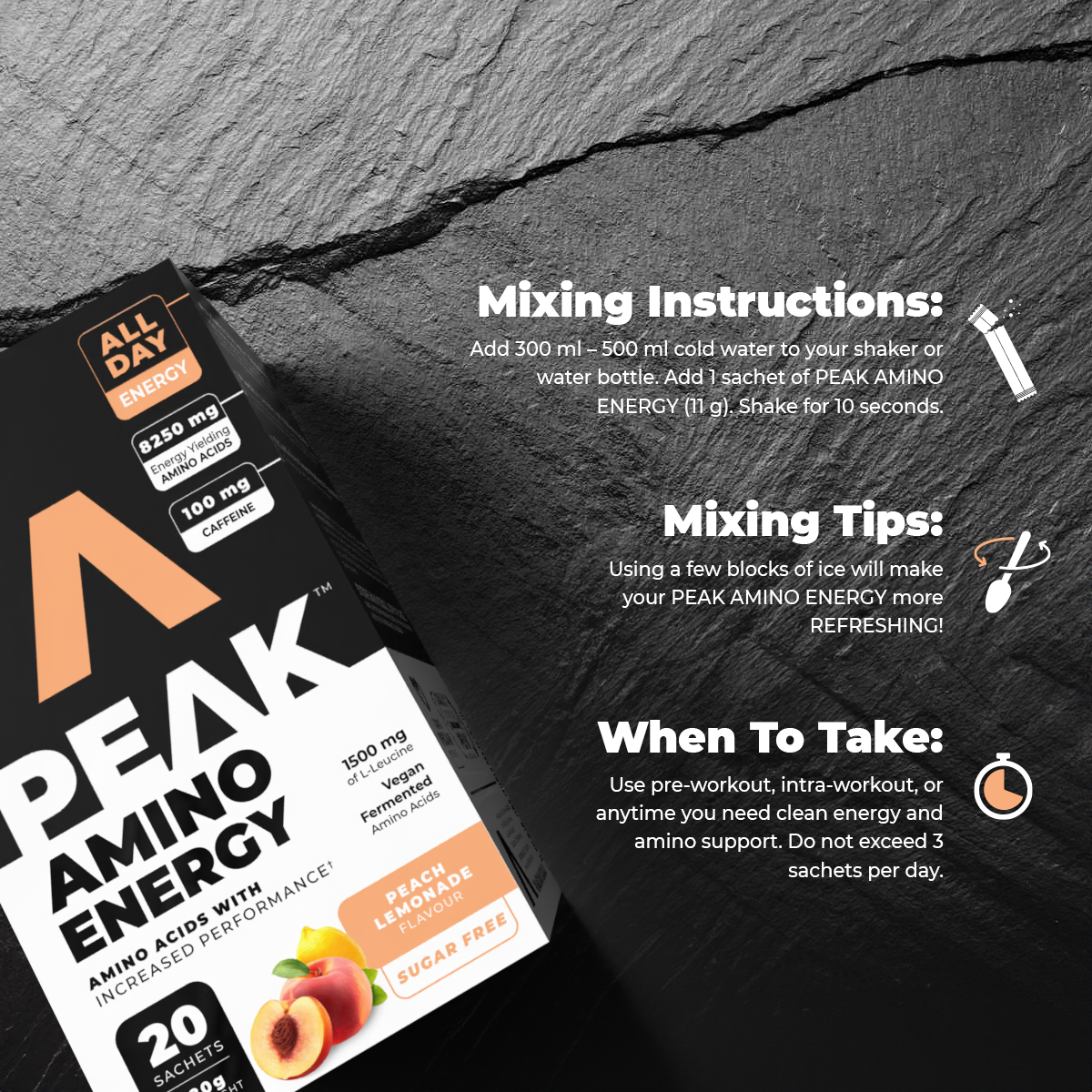 Peak Amino Energy supplement package with mixing instructions on a dark stone background