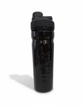 Black water bottle with a logo on a white background
