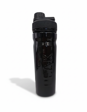 Black water bottle with a logo on a white background