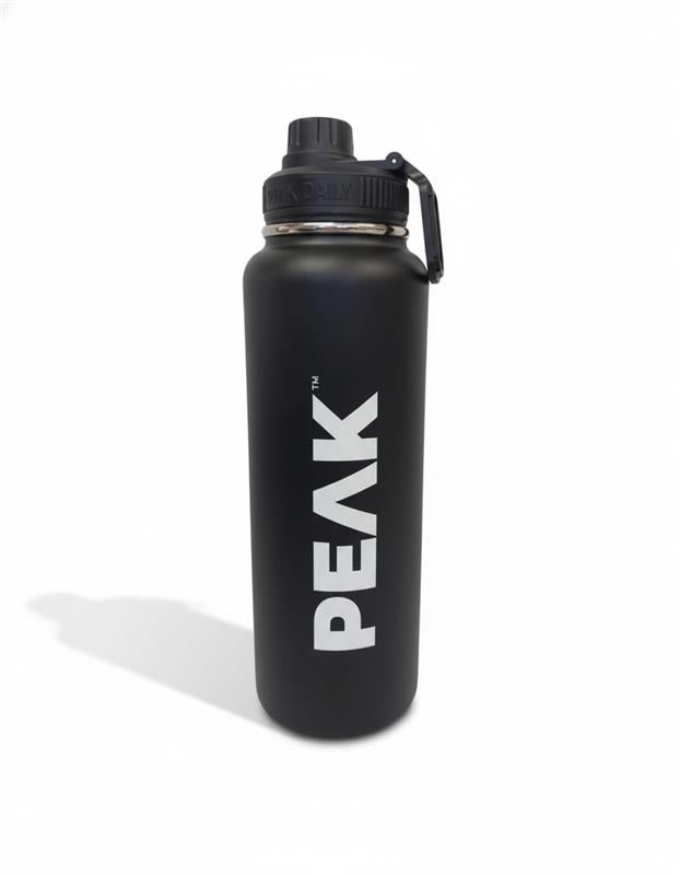 Black water bottle with 'PEAK' logo on a white background