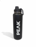 Black water bottle with 'PEAK' logo on a white background