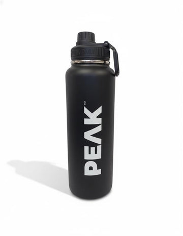 Black water bottle with 'PEAK' logo on a white background