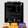 Nutritional information and flavor options for Peak Carb Gel on a gray background