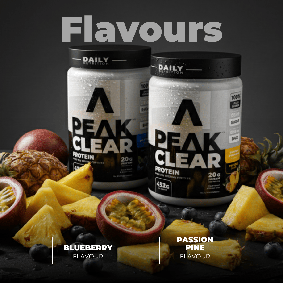Two containers of Peak Clear protein with fruit on a dark background