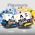 Two packages of Peak Clear Protein with blueberry and passion pine flavors on a colorful background.
