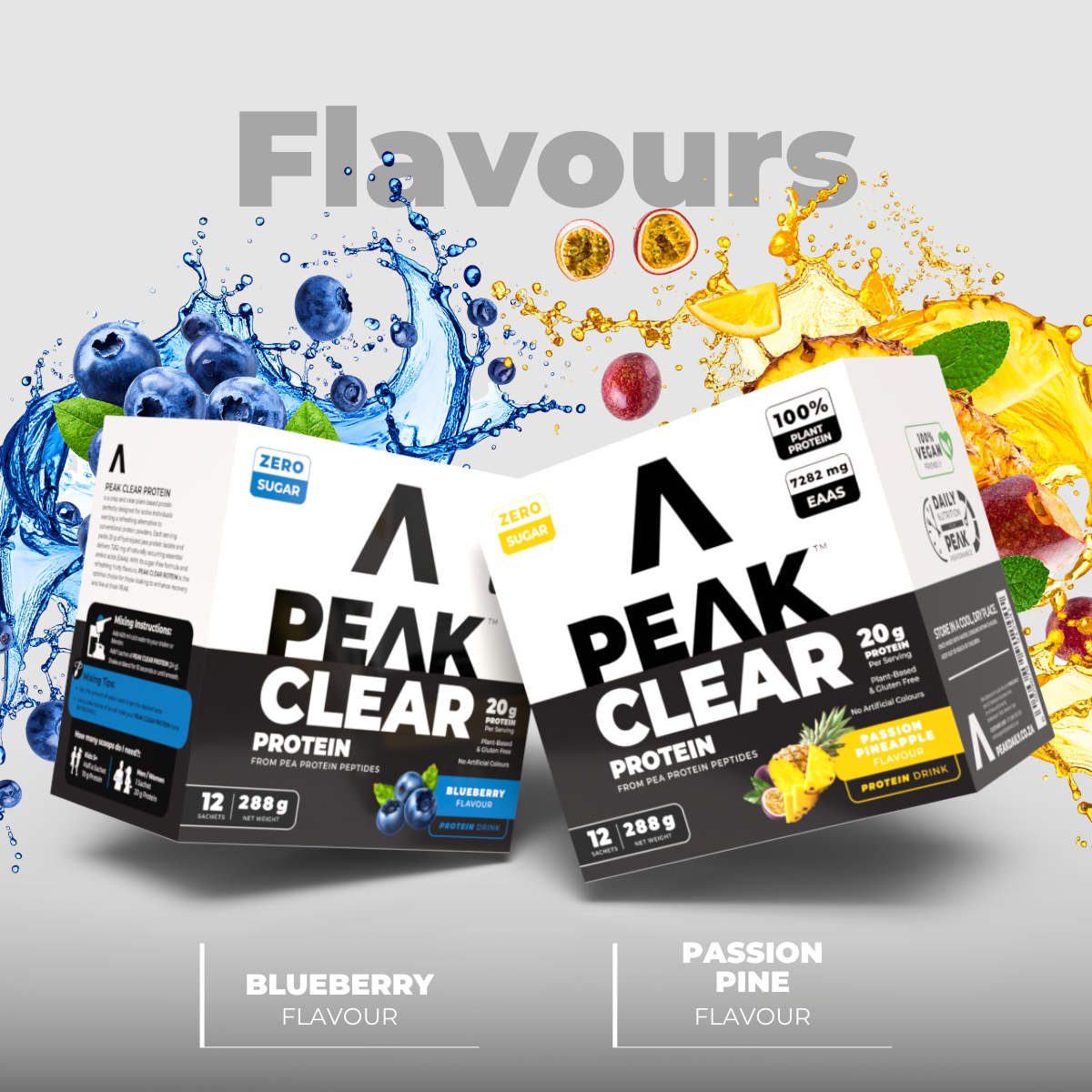 Two packages of Peak Clear Protein with blueberry and passion pine flavors on a colorful background.