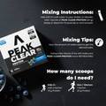 Peak Clear protein packaging with mixing instructions 