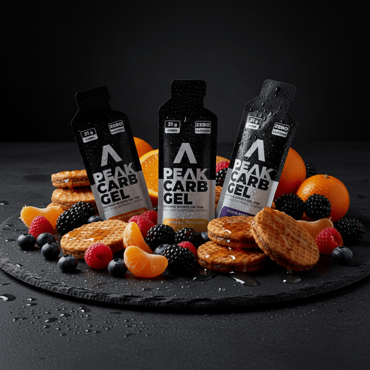 Peak Carb Gel bottles with cookies and fruits on a dark surface
