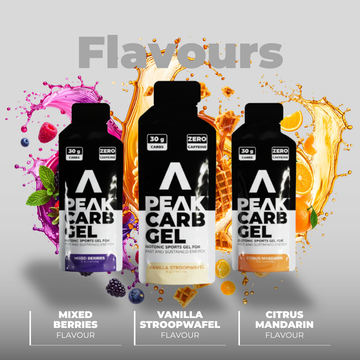 Peak Carb Gel packaging with flavor options on a colorful splash background