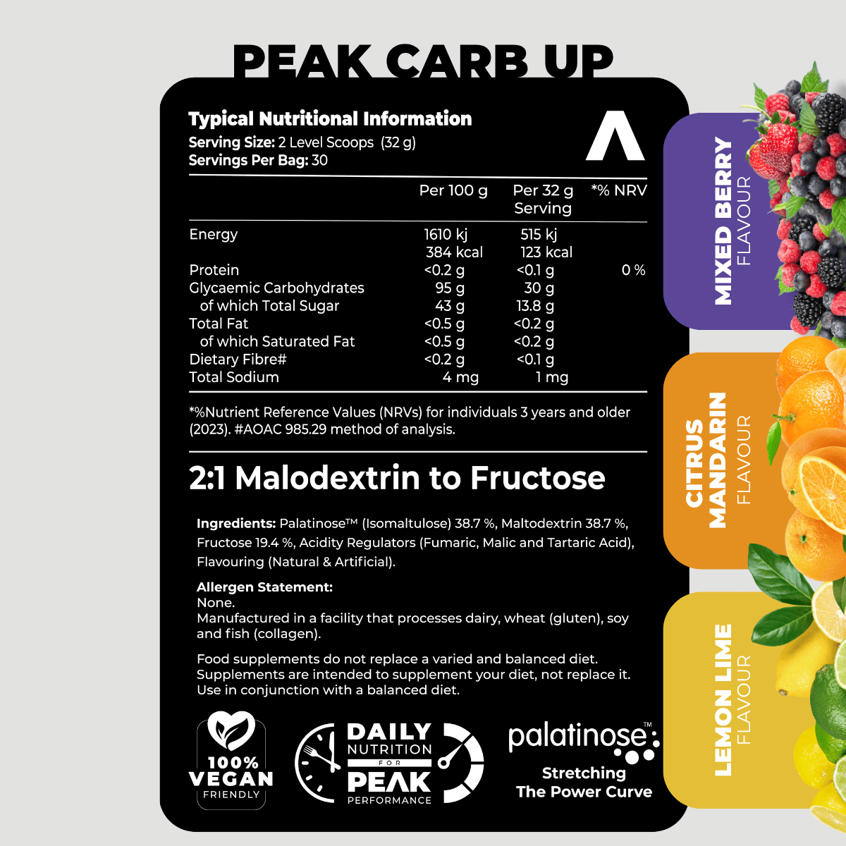 Nutritional information label for Peak Carb Up with flavors and branding details.