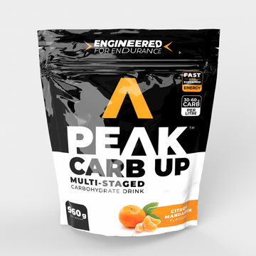 Peak Carb Up multi-staged carbohydrate drink package on a white background