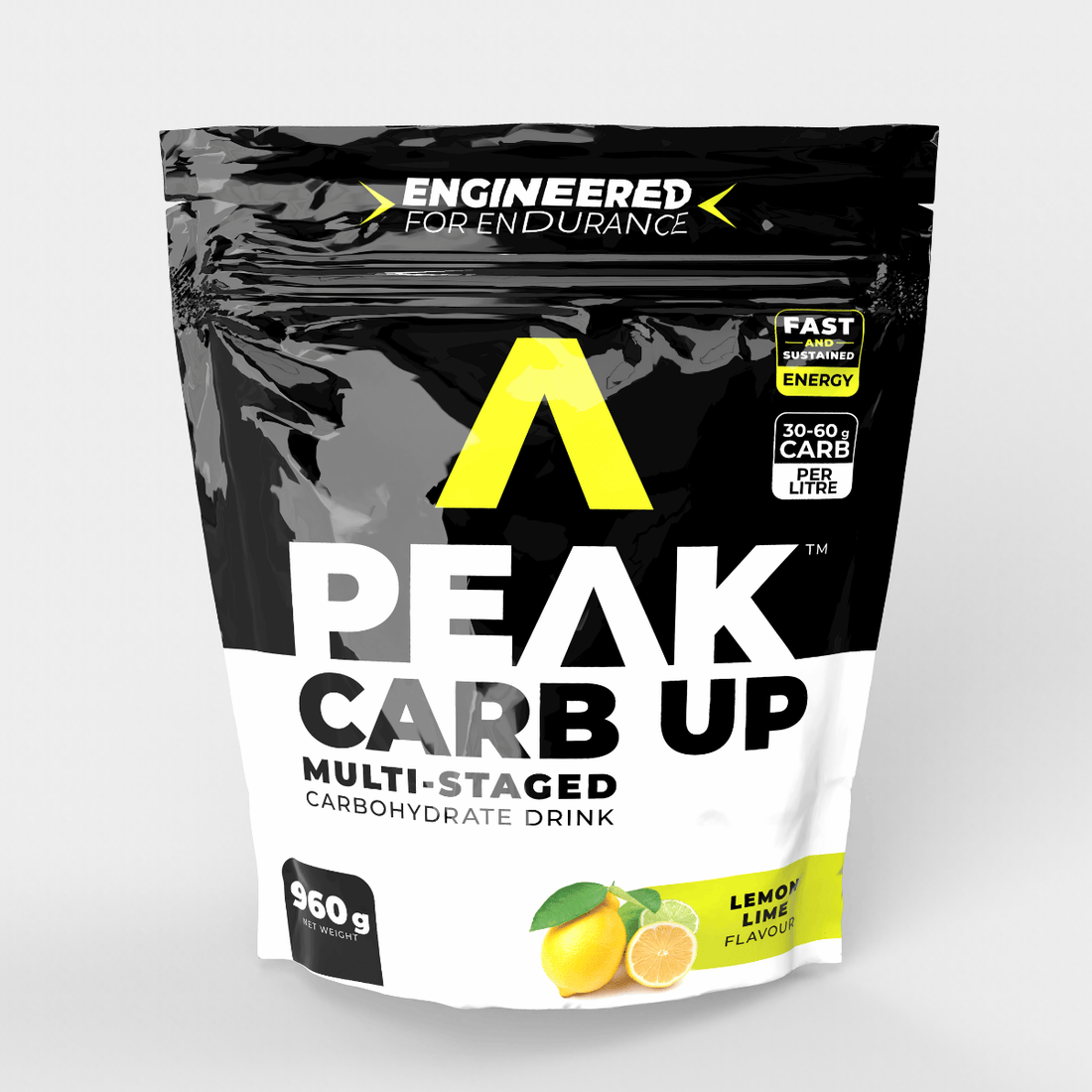 Peak Carb Up carbohydrate drink mix package on a light gray background
