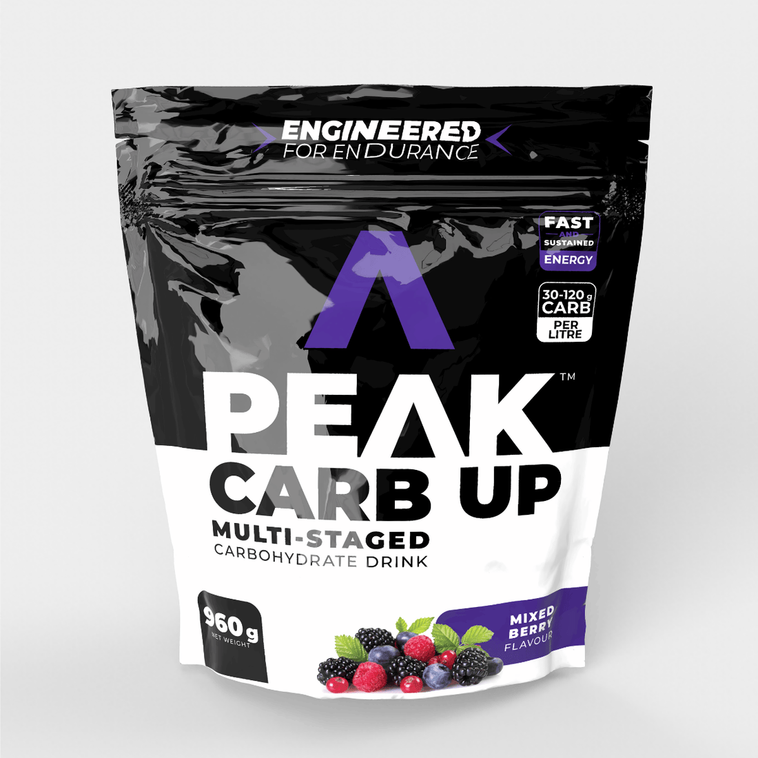 Peak Carb Up carbohydrate drink mix package on a light gray background