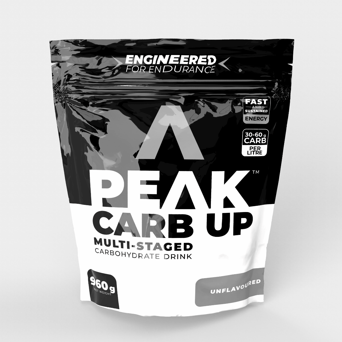 Peak Carb Up multi-staged carbohydrate drink package on a white background