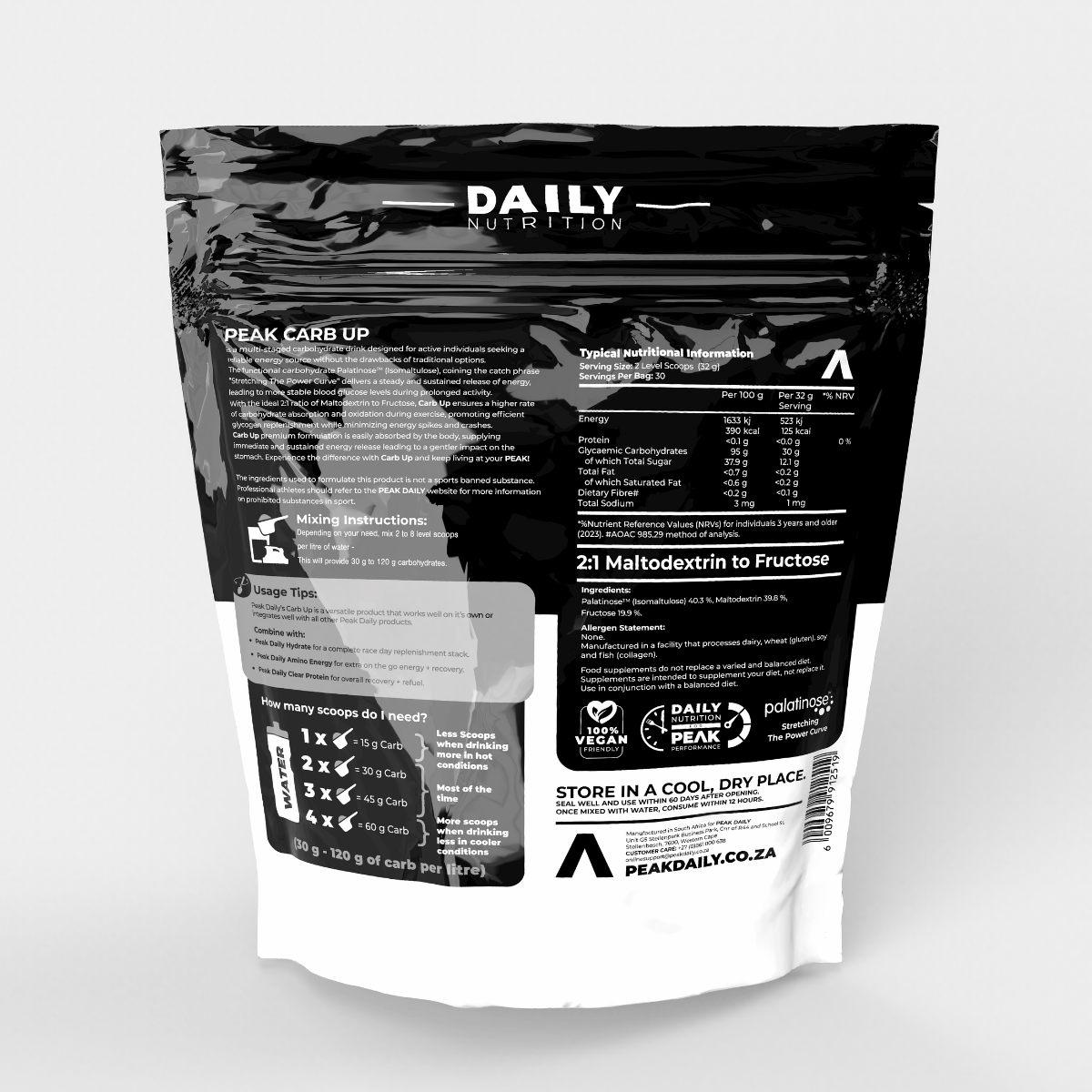Black and white package of Daily Nutrition with nutritional information and branding.