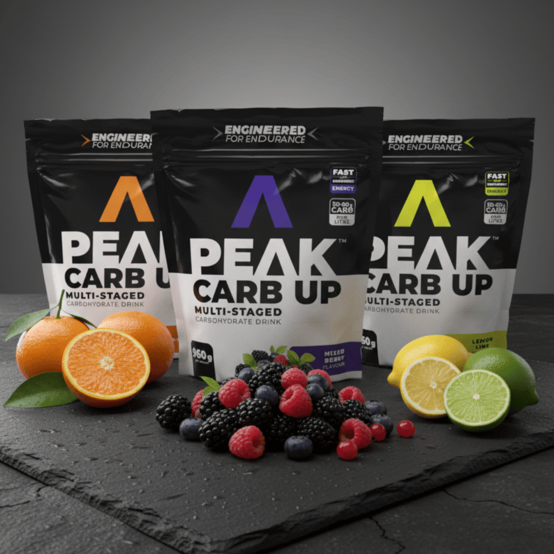 Peak Carb Up multi-staged carbohydrate drink package on a white background
