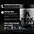 Peak Clear Protein packaging with mixing instructions and tips on a black background