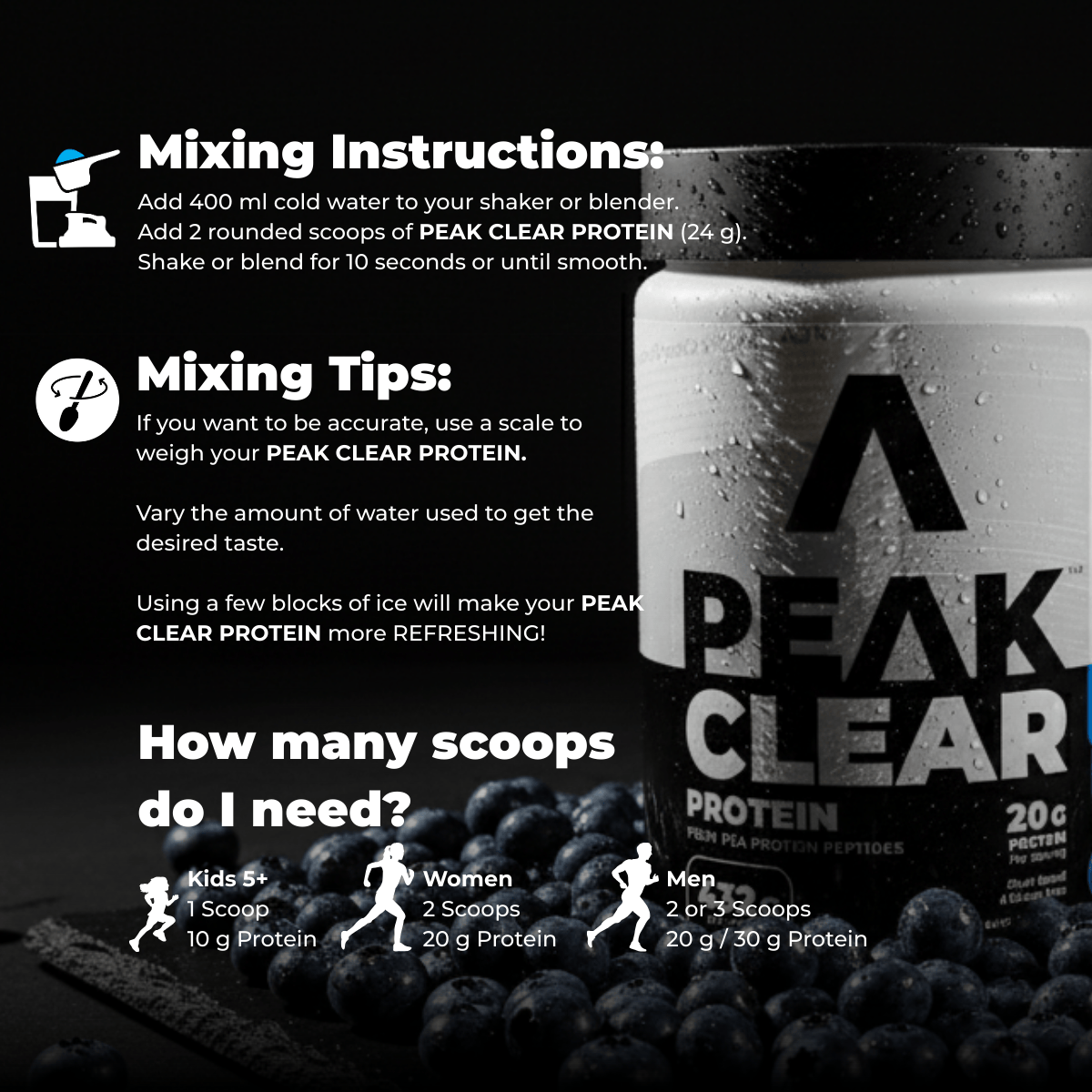 Peak Clear Protein packaging with mixing instructions and tips on a black background