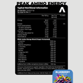 Nutritional information label for Peak Amino Energy supplement on a gray background
