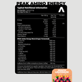 Nutritional information label for Peak Amino Energy supplement on a gray background