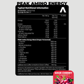 Nutritional information label for Peak Amino Energy supplement with a sour cherry flavor badge.