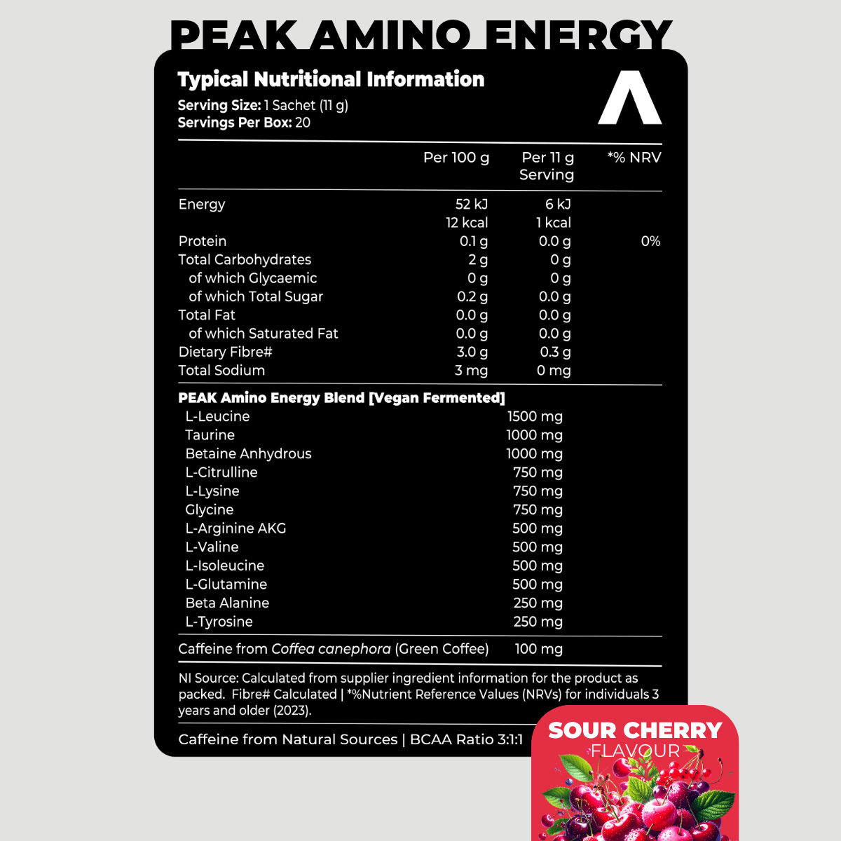 Nutritional information label for Peak Amino Energy supplement with a sour cherry flavor badge.