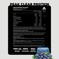 Nutritional information label for Peak Clear Protein with blueberry flavor branding.