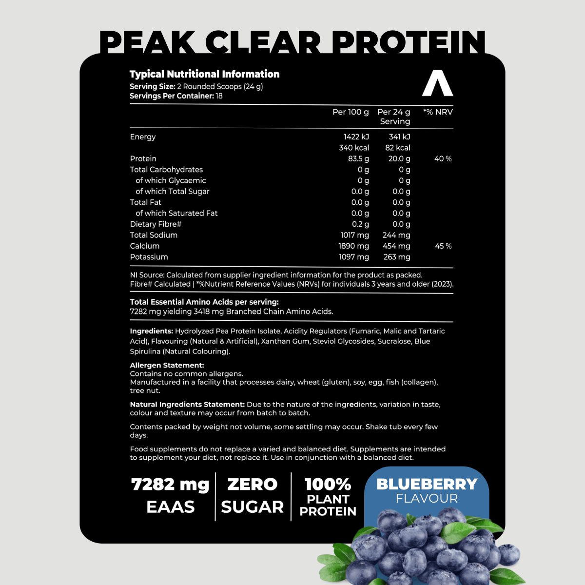 Nutritional information label for Peak Clear Protein with blueberry flavor branding.