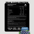 Nutritional information label for Peak Clear Protein with blueberry flavor branding.