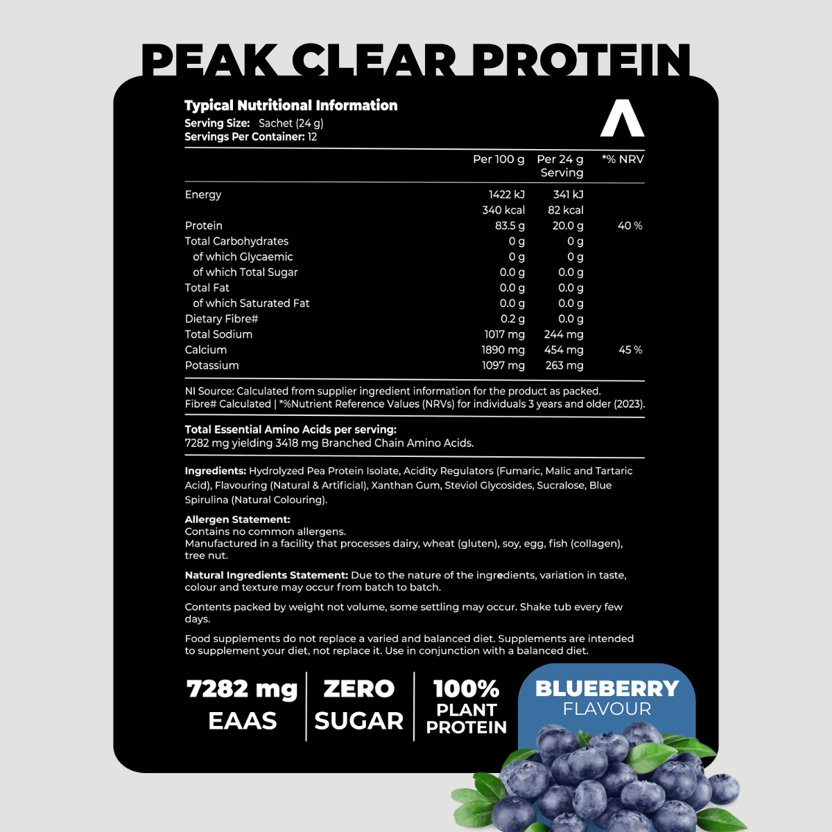 Nutritional information label for Peak Clear Protein with blueberry flavor branding.