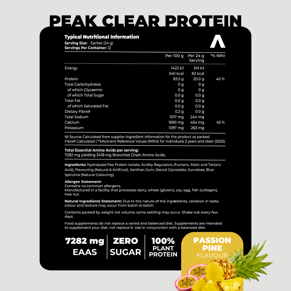 Nutritional information label for Peak Clear Protein with a pineapple flavor.