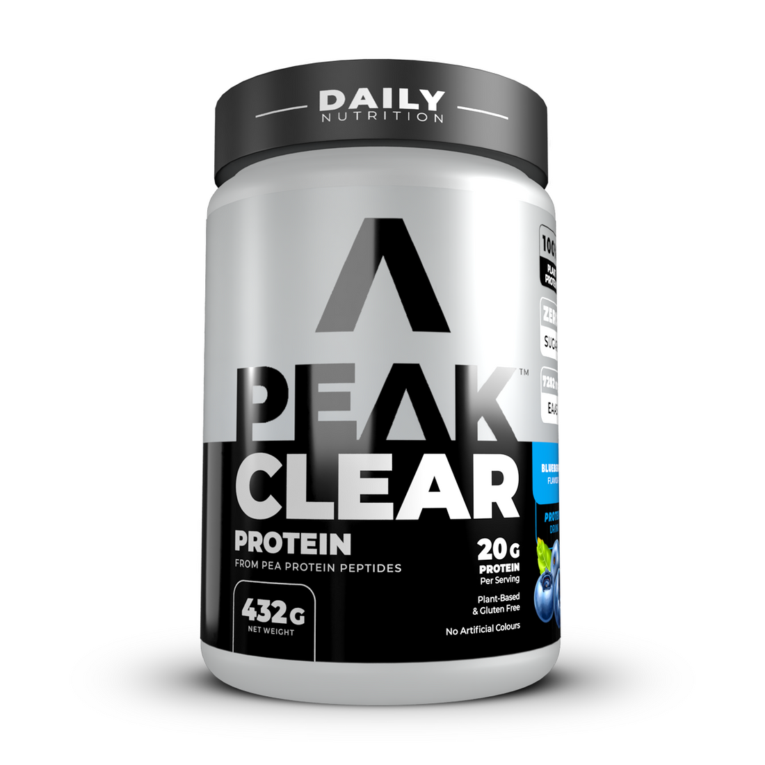 Peak Clear Protein container with black and white label blueberry flavour