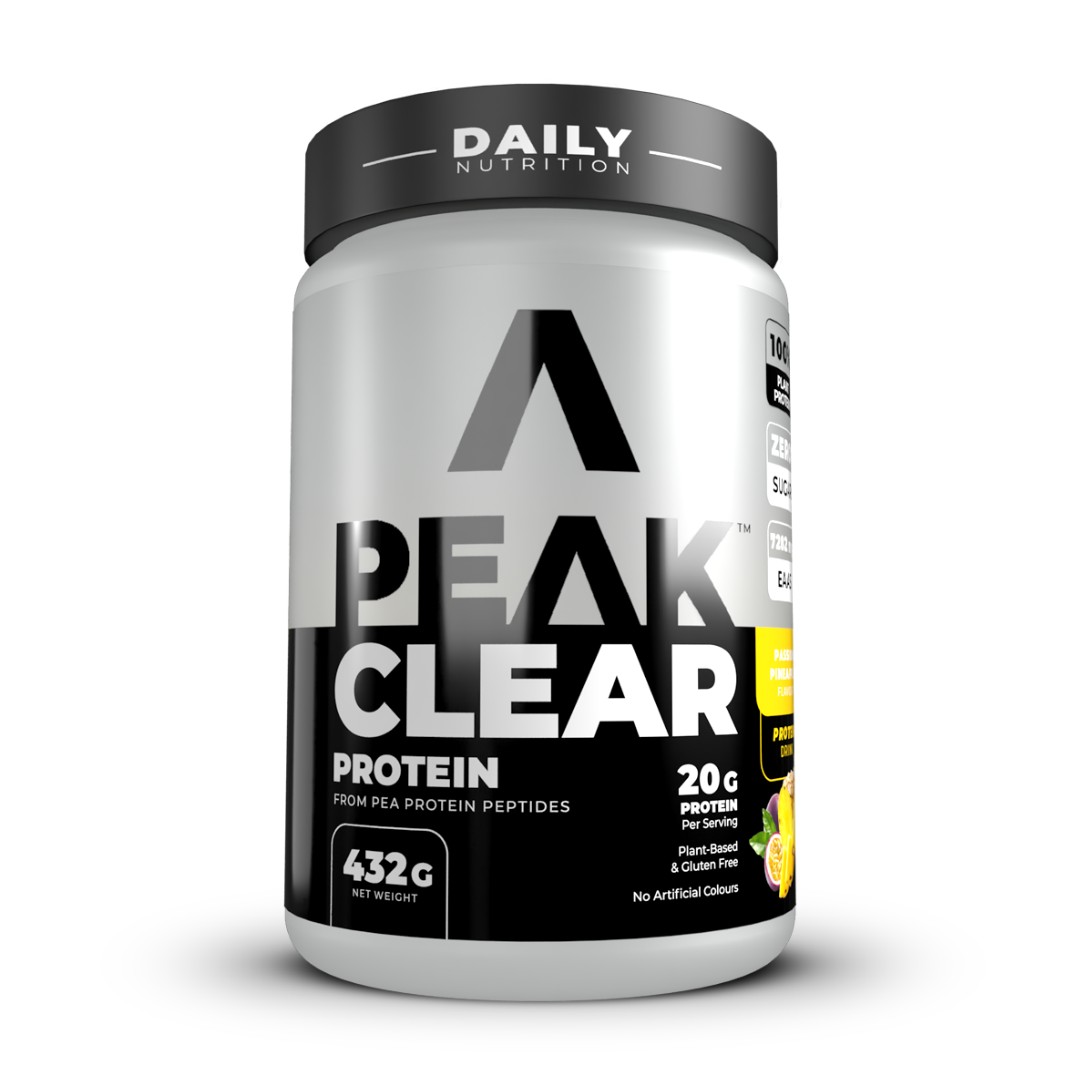 Peak Clear Protein container with black and white label passion pine flavour