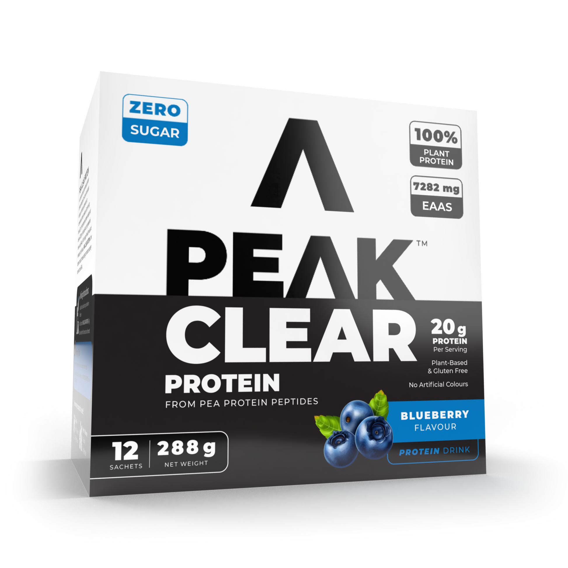 Peak Clear Protein packaging with blueberries on a white background
