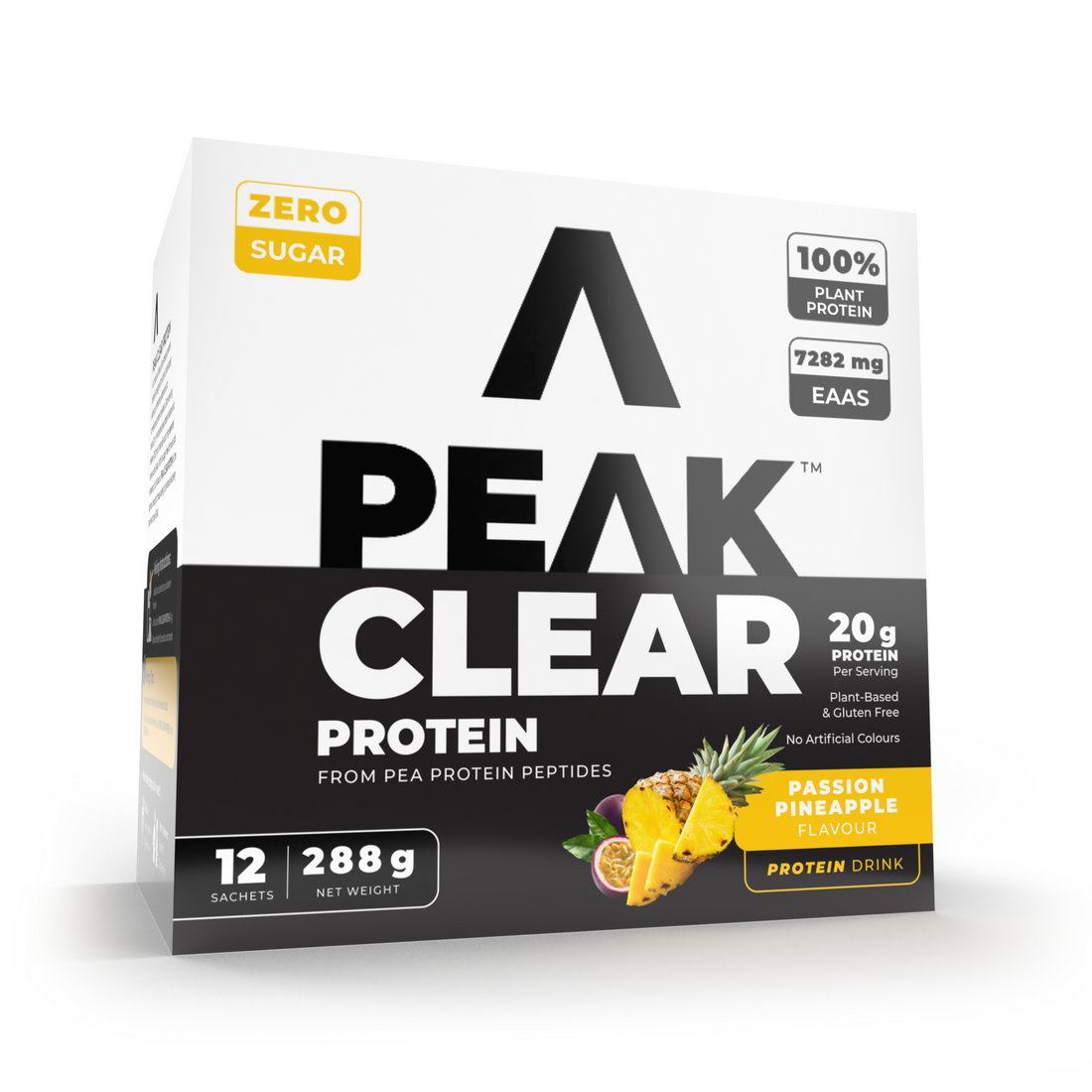 Box of Peak Clear Protein with passion pineapple flavor on a white background