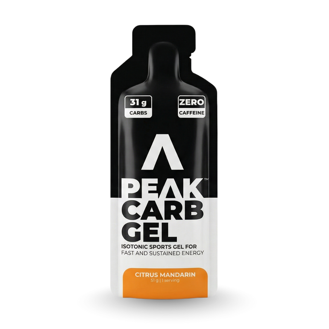 Peak Carb Gel packaging with black and white design on a white background