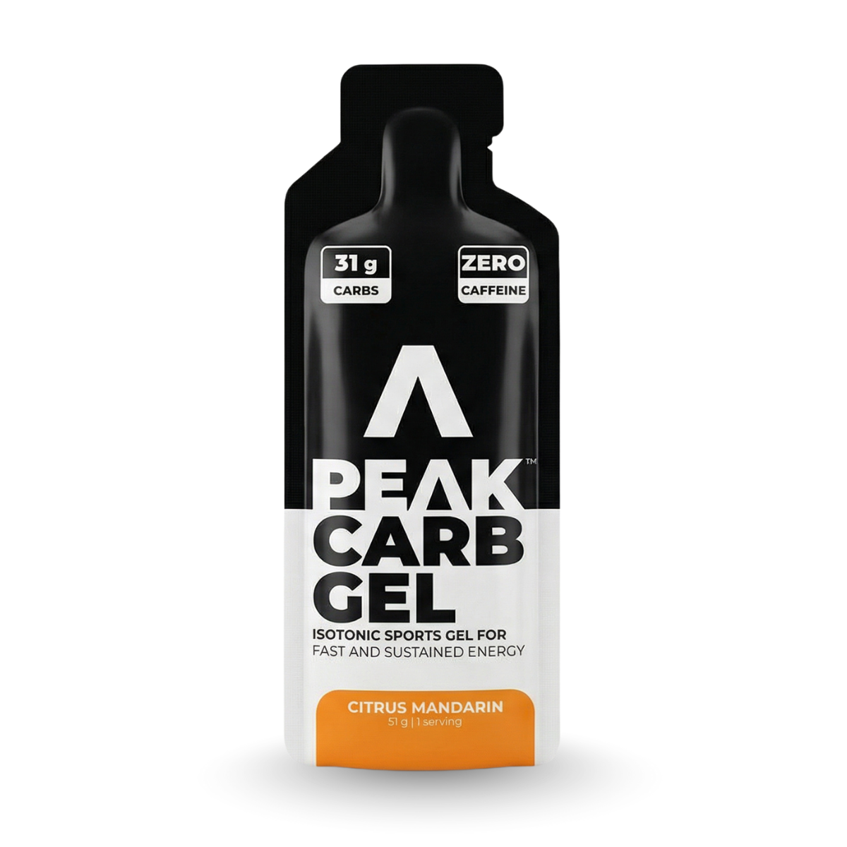 Peak Carb Gel packaging with black and white design on a white background