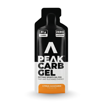 Peak Carb Gel packaging with black and white design on a white background