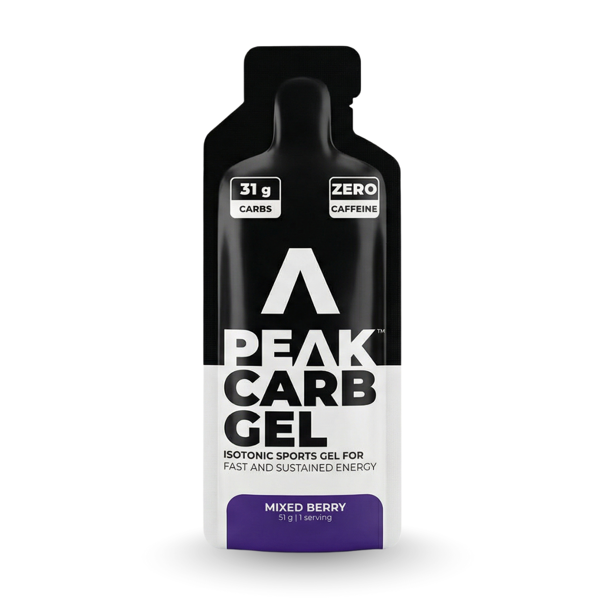 Peak Carb Gel packaging with black, white, and purple design on a white background