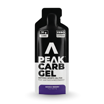 Peak Carb Gel packaging with black, white, and purple design on a white background
