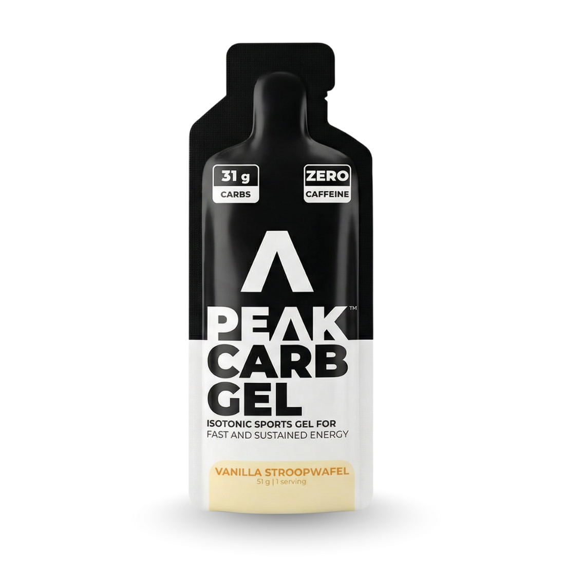 Peak Carb Gel packaging with black and white design on a white background